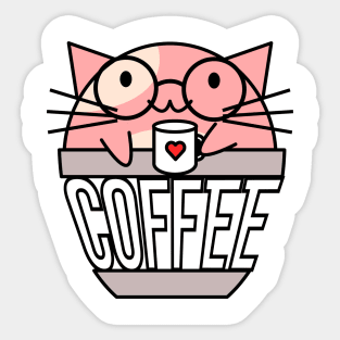 Cat in coffee cup with warped text holding coffee cup with heart wearing glasses pink Sticker